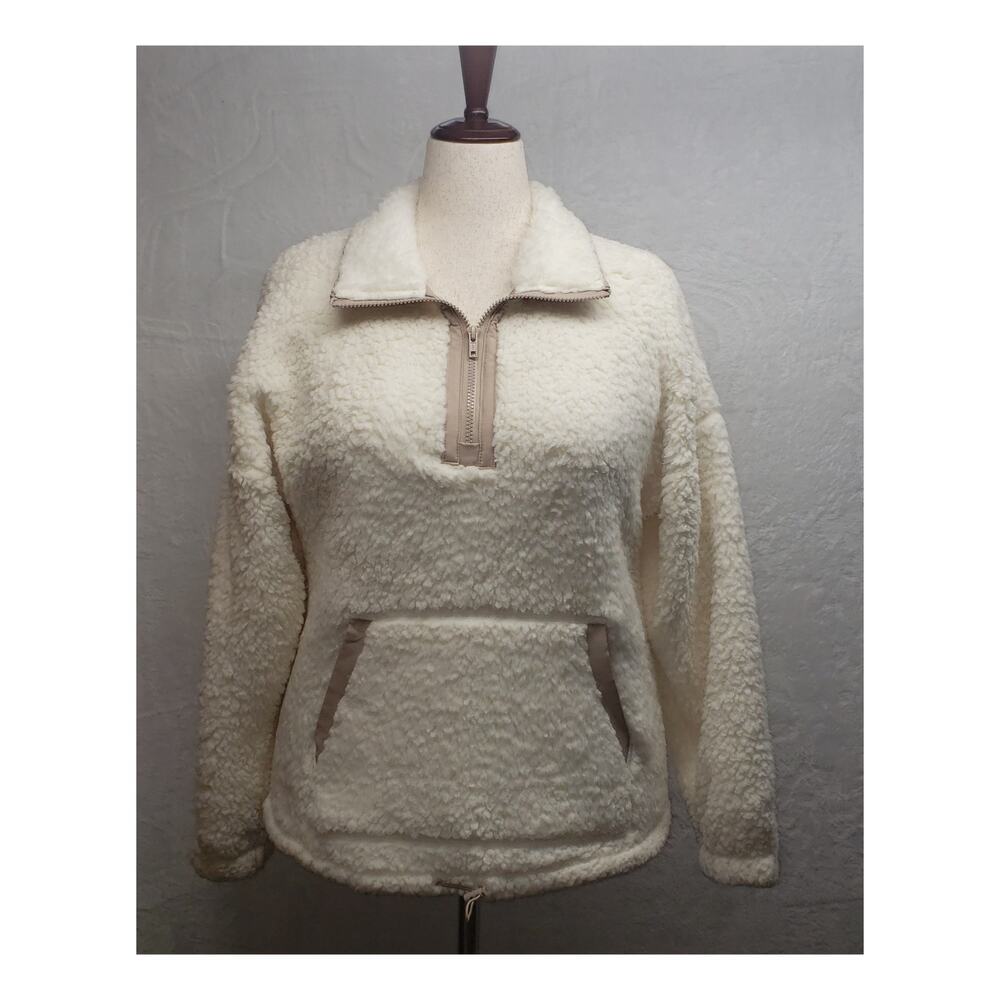 Oversized Cream Fleece Pullover S • Neutral ¼‑Zip Cozy Fireside Loungewear